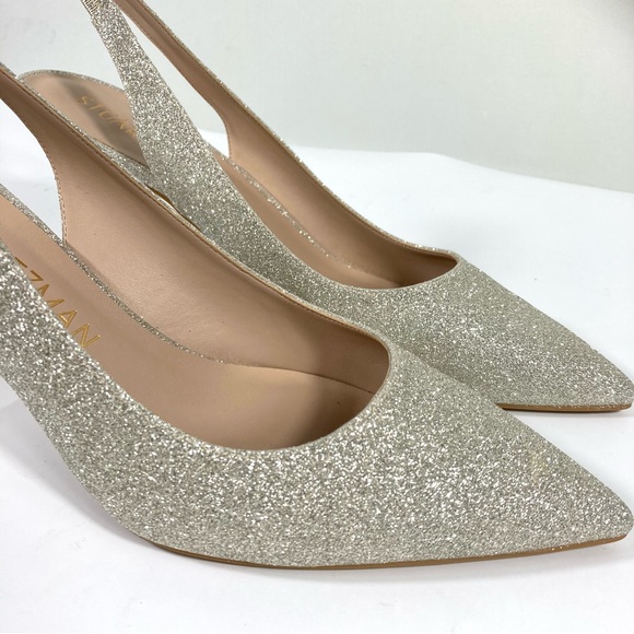 NWB Stuart Weitzman Linsi 75 Pointed Toe Glitter Slingback Pump Glitter Platino - Picture 14 of 17